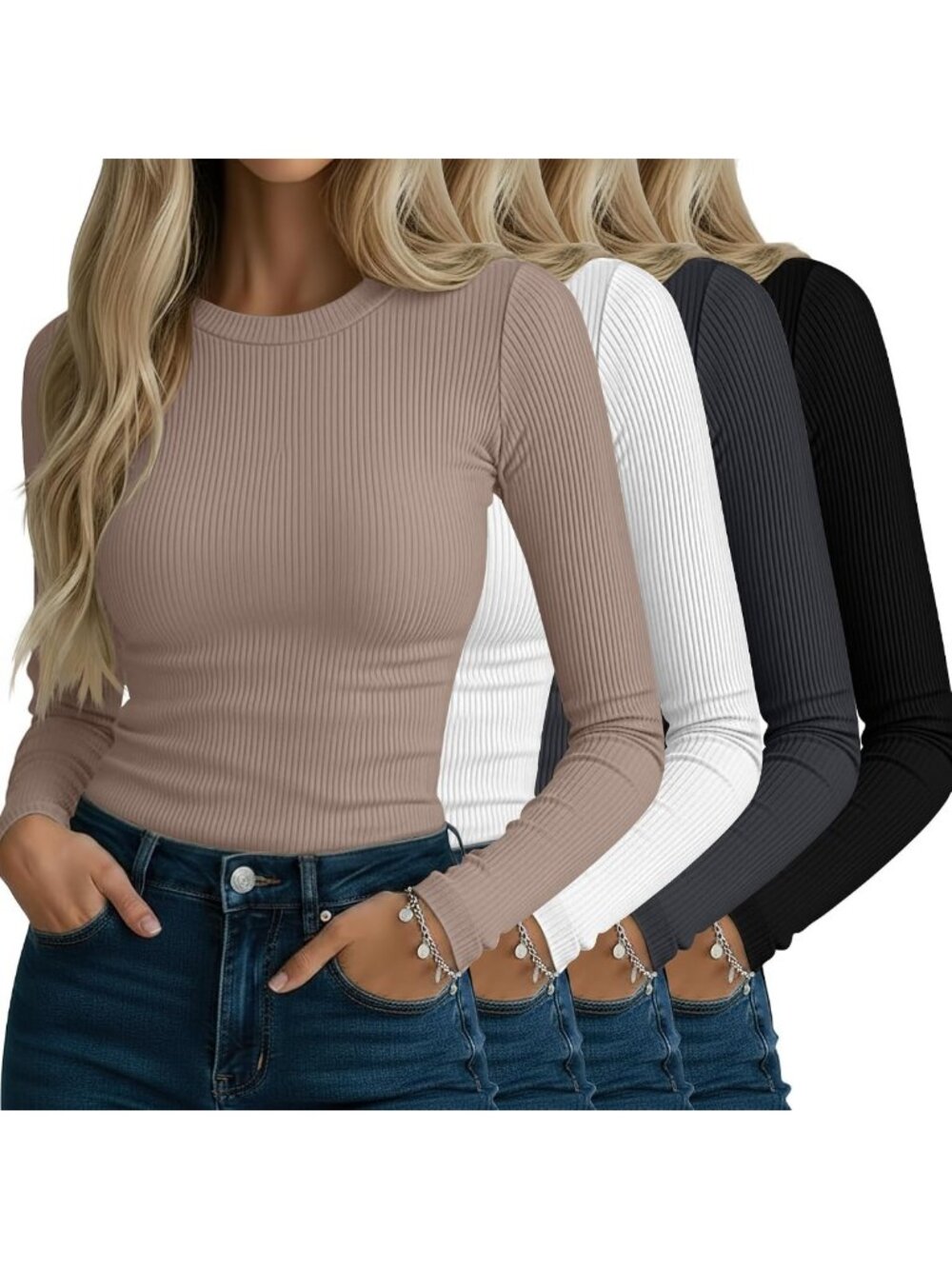 4 Pack Women's Ribbed Long Sleeve Cotton Tops - Casual Basic Tees for Everyday
